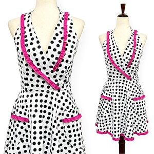 American Hostess Polka Dot Ruffle Trim Retro Halter Apron OSFA Black Pink MCM